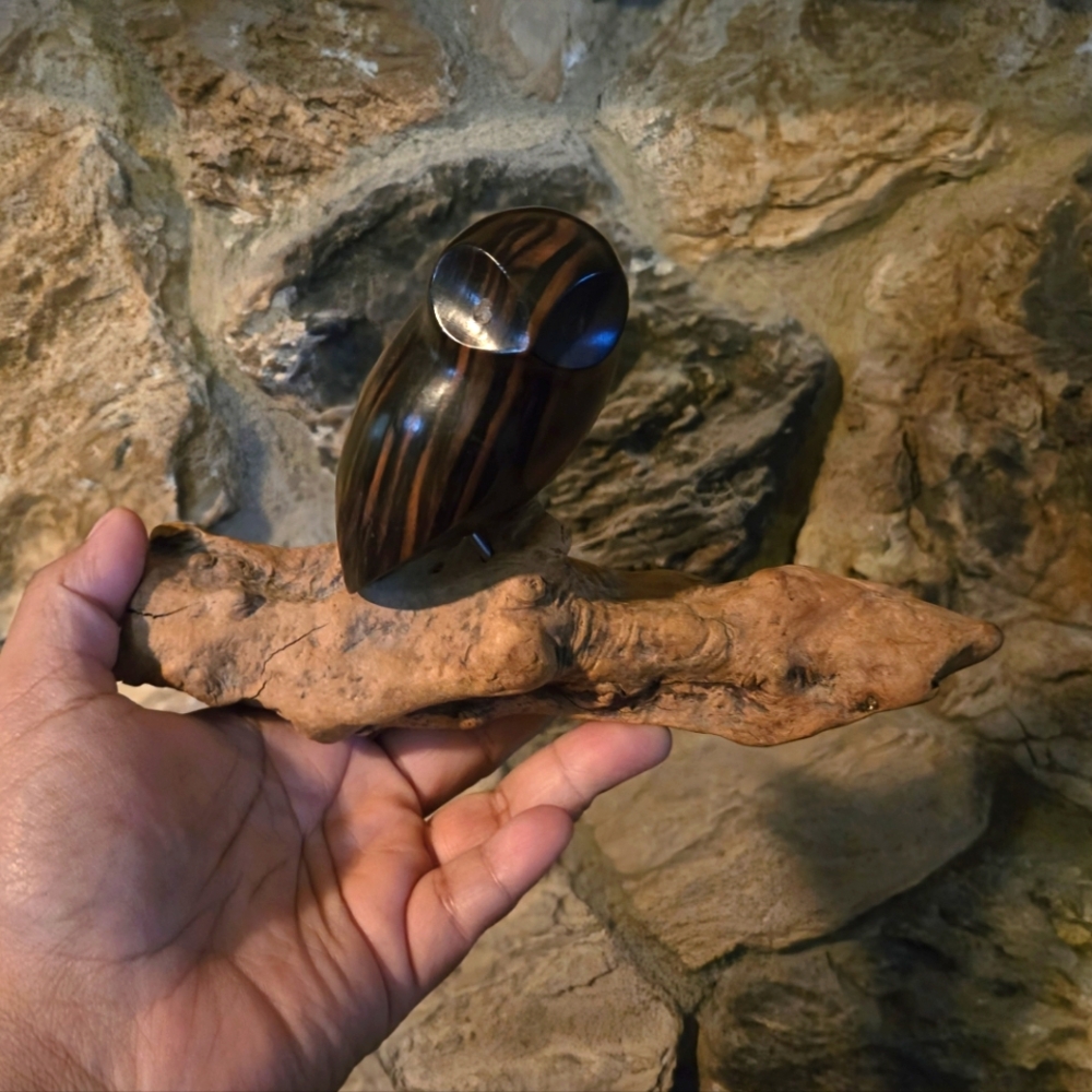 Wooden Teal Owl Figurine on Driftwood Log.